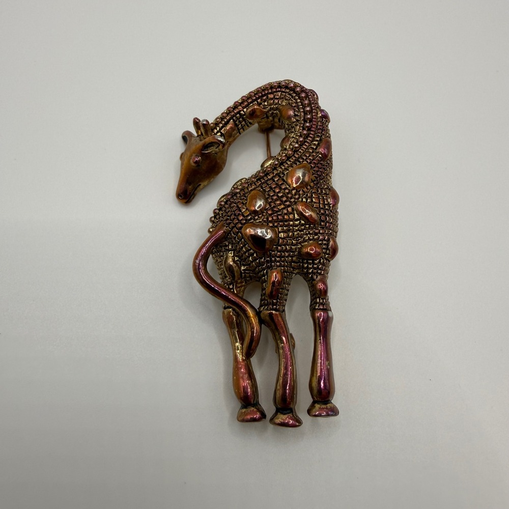 Vintage Iridescent Copper Tone Giraffe Brooch Textured Animal Statement Pin